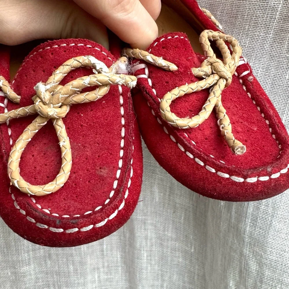 Atelier Suede Leather Moccasin Loafer Driver Shoes 25 US 9 Red Preppy Academia